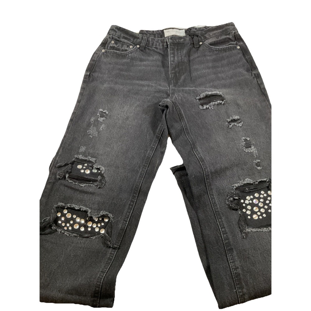 NWT Ban.Jara‎ Jeans Womens 7/27 Black Denim Embellished Distressed Raw Hem I31
